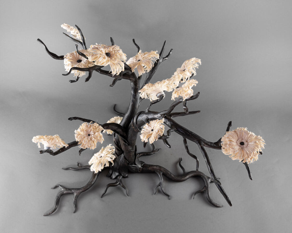 A Collaboration Bonsai Tree done by Kellen Bateham, Clair Guy, Peter Reich, The turned flowers are by Danielle Barbour. Photo by Lee Mahoney